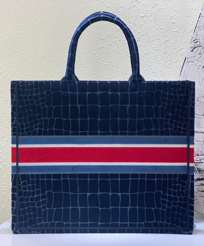 Christian Dior Book Tote Crocodile-Effect Embroidered Velvet Canvas Dark Blue